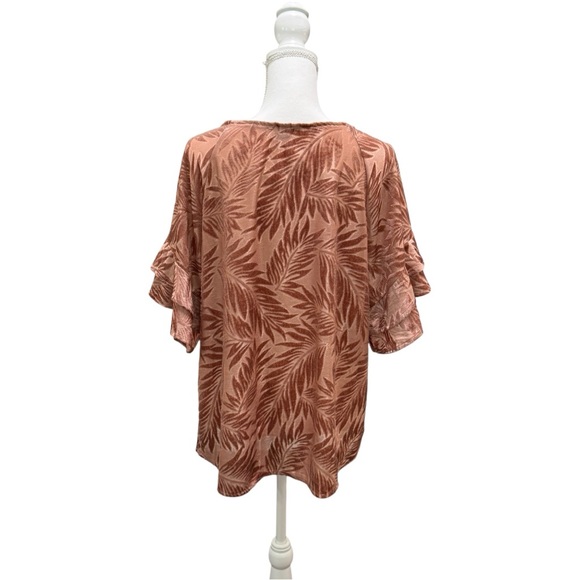 UMGEE Dusty Coral Tropical Leaf Textured Velvet Ruffle Sleeve Blouse Size L - Picture 2 of 7